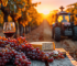 Copo de vinho tinto com queijos e uvas sobre uma mesa em um vinhedo ao pôr do sol, com um trator ao fundo, evocando a colheita e o sabor rústico da vida no campo.