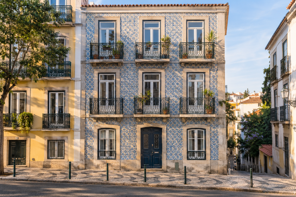 Fachada de um prédio tradicional em Lisboa com azulejos azuis e varandas em ferro forjado