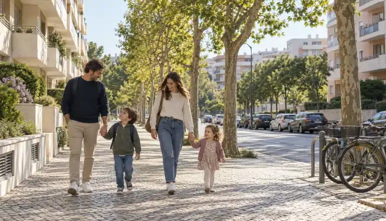 Família com duas crianças a caminhar num passeio arborizado de um bairro residencial de Lisboa