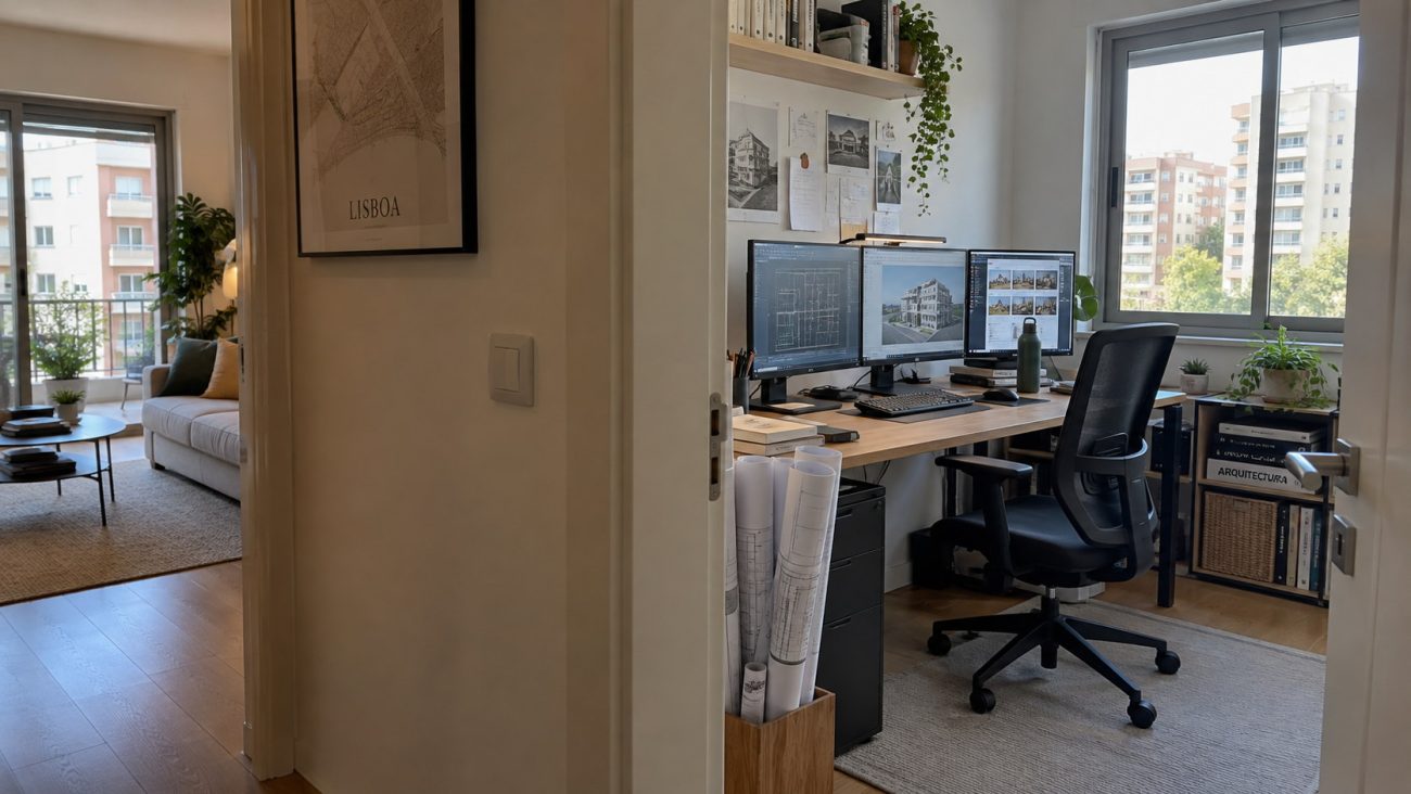 Escritório doméstico independente num apartamento em Lisboa, equipado com três monitores