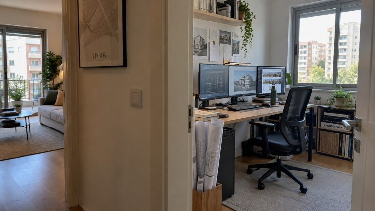 Escritório doméstico independente num apartamento em Lisboa, equipado com três monitores