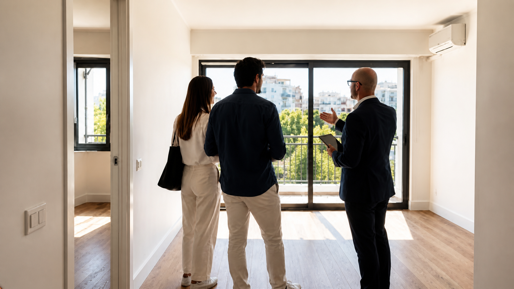 Agente imobiliário mostra um apartamento luminoso a um casal, junto às janelas com vista para a cidade