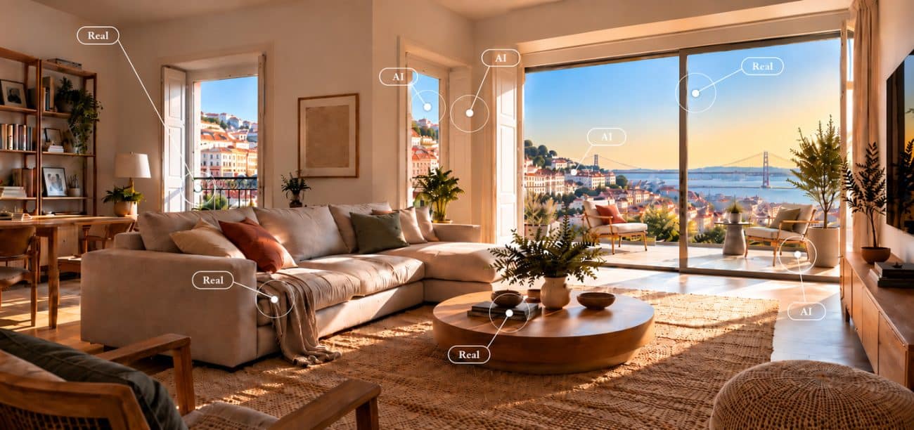 Sala de estar em Lisboa com sofá bege, mesa de centro redonda e janela panorâmica ao pôr do sol, com marcas a indicar o que é real e o que é IA
