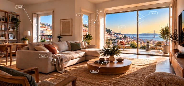 Sala de estar em Lisboa com sofá bege, mesa de centro redonda e janela panorâmica ao pôr do sol, com marcas a indicar o que é real e o que é IA